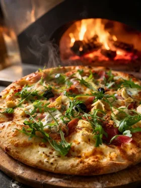 Pizza artisanale fumante garnie de jambon cru, roquette et olives, tout juste sortie du four à bois de la pizzeria Chez Matteo au Porge.