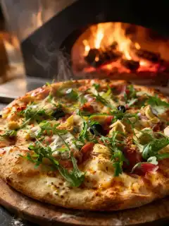 Pizza artisanale fumante garnie de jambon cru, roquette et olives, tout juste sortie du four à bois de la pizzeria Chez Matteo au Porge.